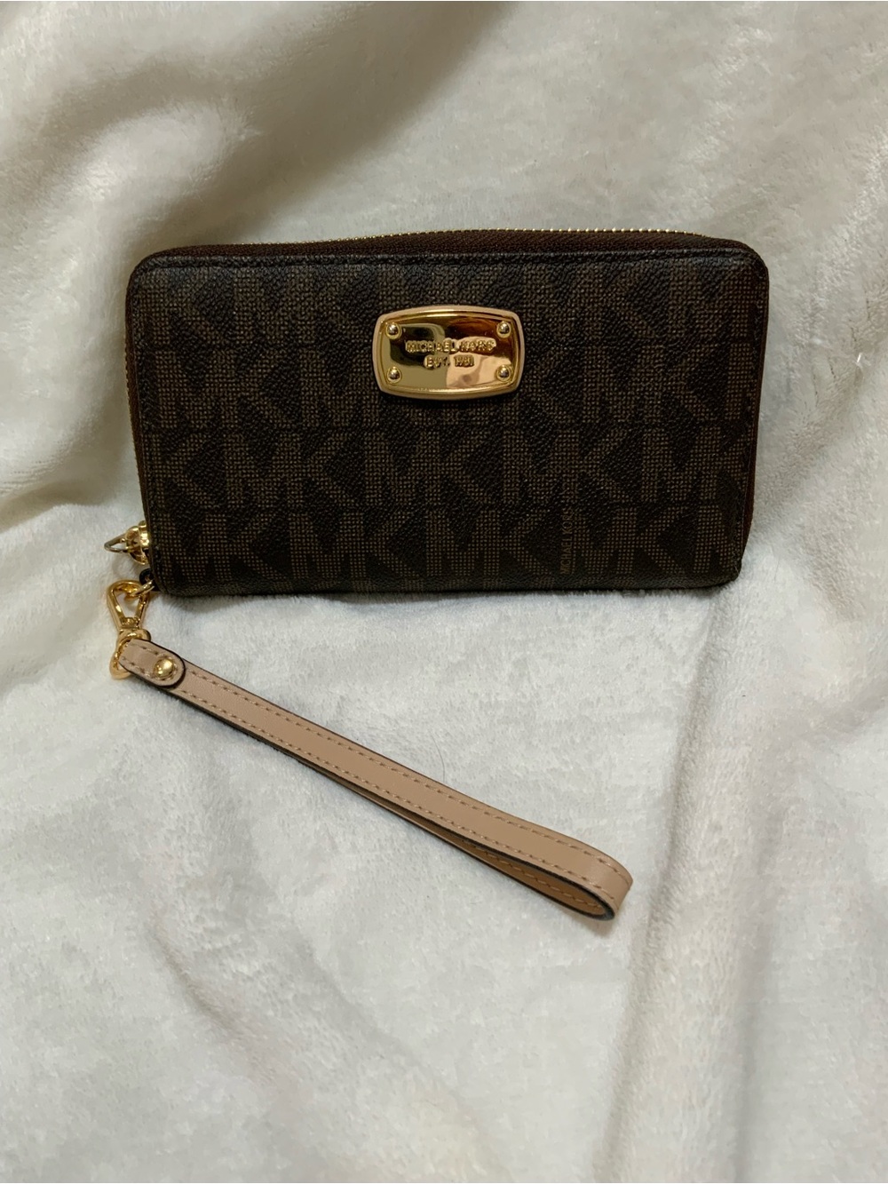 Michael Kors Brown Logo Zip Wristlet with Beige Strap